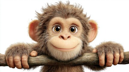 A smiling monkey cartoon character holding onto a tree branch.