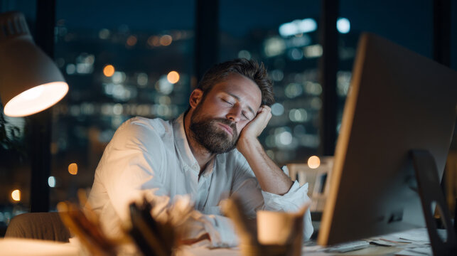 Exhausted tired businessman sleeping at his desk late at night in dark office