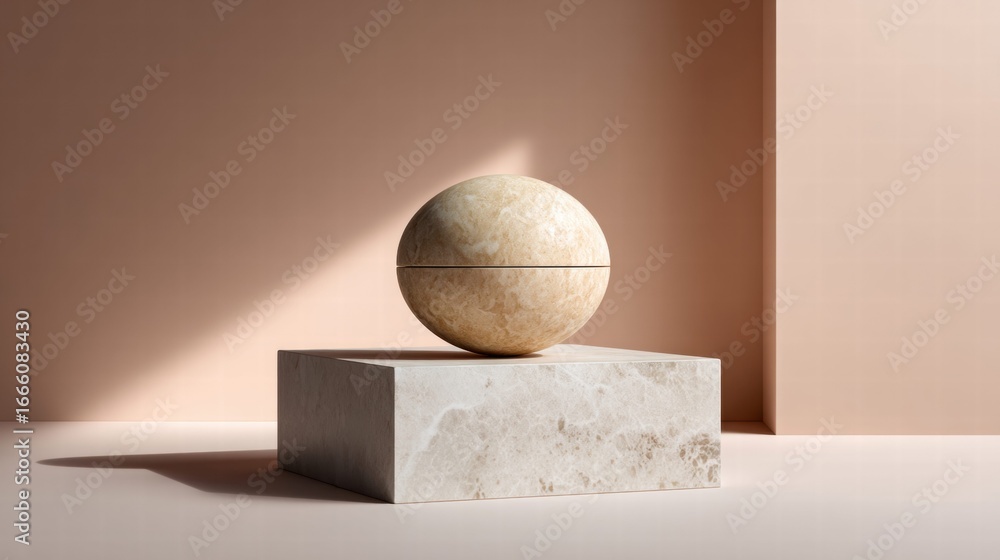 Poster a minimalist, abstract composition with a sphere on a marble cube with warm lighting.