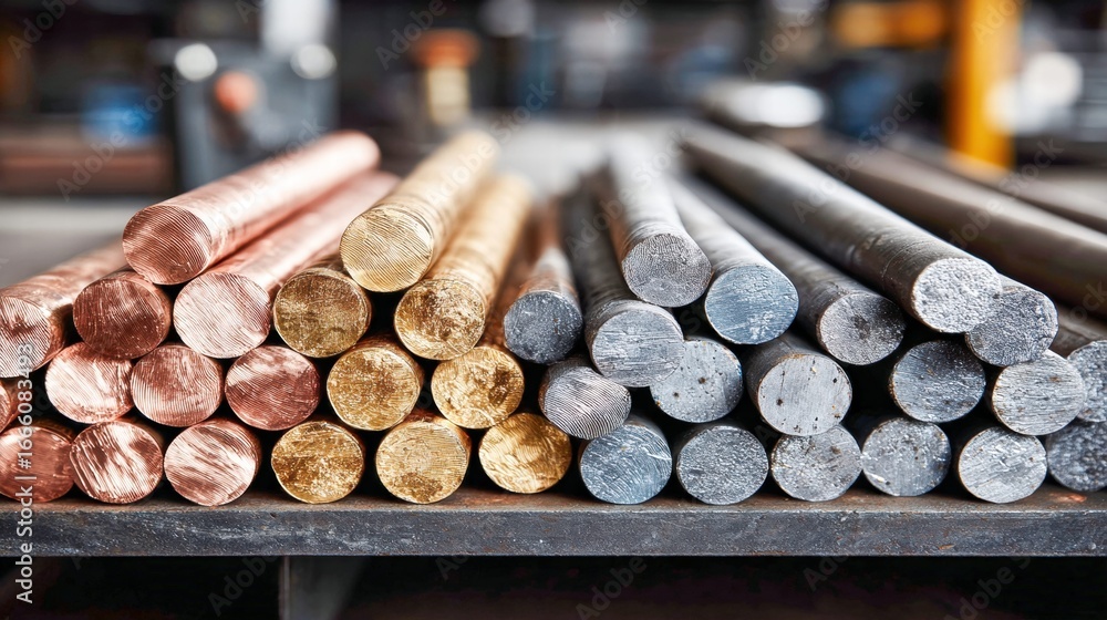 Aufkleber close-up of different metal rods stacked on a surface in a workshop, ready for use.