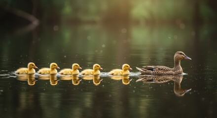 A mother duck swimming in a pond followed by her line of yellow ducklings in the water together
