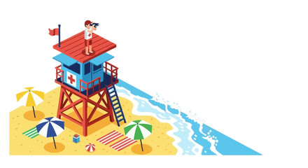 Isometric Lifeguard Tower with Lifeguard Using Binoculars on Beach