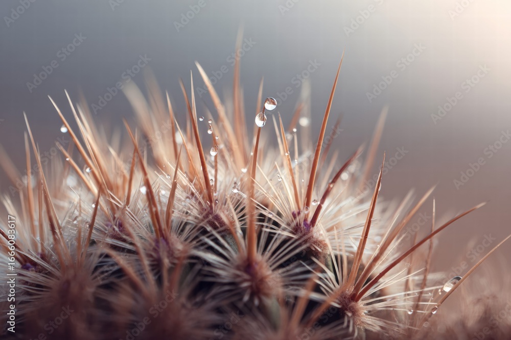Poster delicate water droplets cling to the sharp spikes of a cactus in a serene close-up view.
