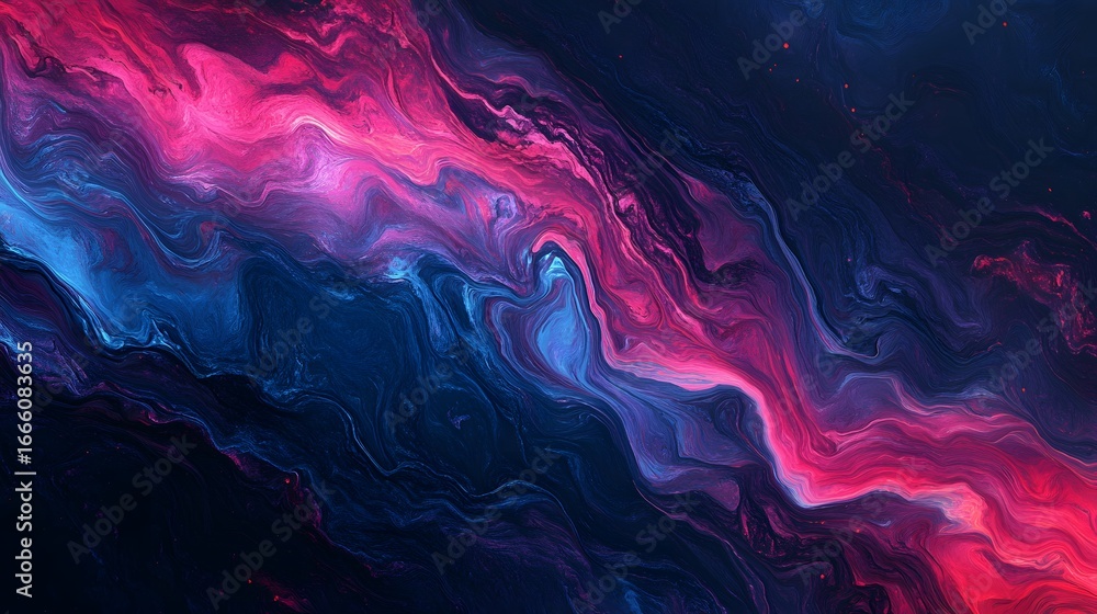 Poster a vibrant abstract design featuring swirling patterns of deep blues, pinks, and dark tones, creating