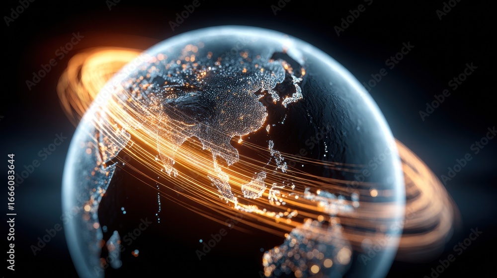 Poster the earth is shown with glowing lines of data representing global technology and networks.