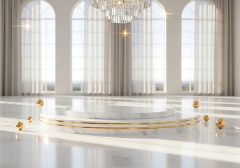 Elegant Marble Display Platform with Gold Accents, Sunlit Room, Luxury Product Presentation