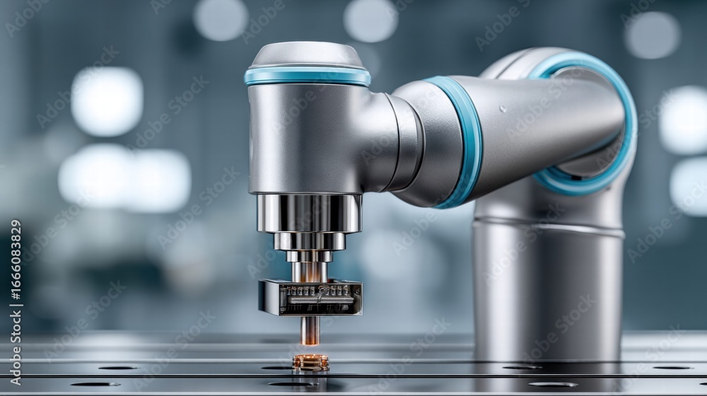 Poster a robotic arm precisely assembles a component in a modern factory, demonstrating automation.