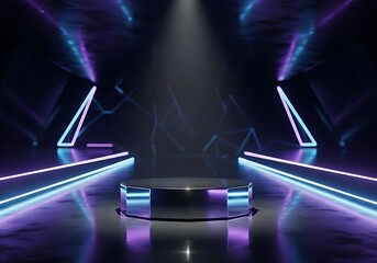 Cyberpunk Style Product Display:  Hexagonal Podium with Neon Lights and Geometric Background.