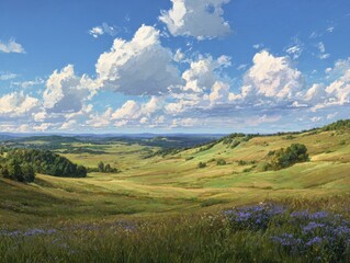 Landscape with Rolling Hills and Wildflowers Under the Blue Sky. --ar 4:3 --v 7 Job ID: 5f5b54a3-627f-4b7c-aaaa-374060d463d1