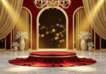 Elegant Red Velvet Podium with Gold Accents, Luxurious Stage Setting, Dramatic Lighting