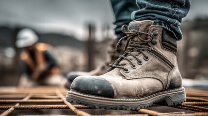 A close-up shows a durable work boot on a construction site, highlighting safety and construction.