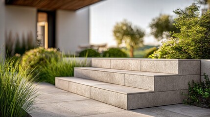 Obraz premium Stone steps leading to a modern house with lush greenery and bright sunlight.