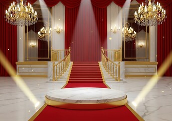 Grand Red Carpet Entrance: Marble, Gold, and Crystal Chandeliers