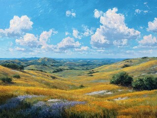 Obraz premium Landscape with Rolling Hills and Wildflowers Under the Blue Sky. --ar 4:3 --v 7 Job ID: d8dda6a2-6bfe-4135-b3ee-b4a6278a6f69