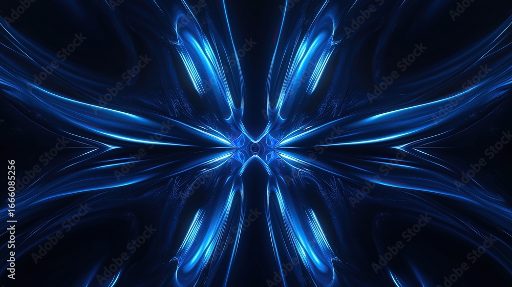 Aufkleber abstract futuristic digital art of bright blue glowing lines forming symmetrical pattern on black ba