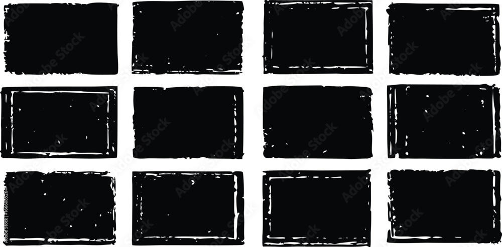 Poster collection of twelve distressed black rectangular frames with rough edges, isolated on a white backg