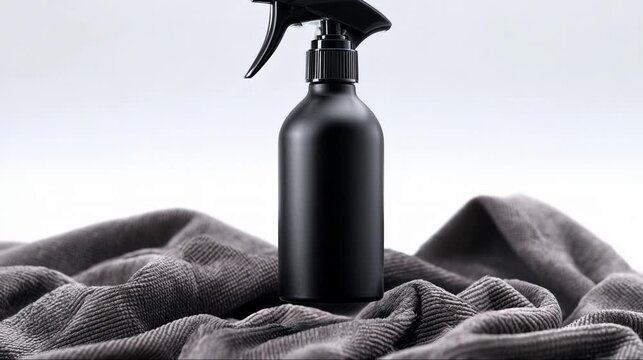 A black spray bottle on a textured gray fabric background.
