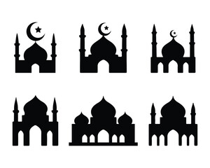 islamic mosque set collection pack bundle black shape icon silhouette vector flat illustration design on white background
