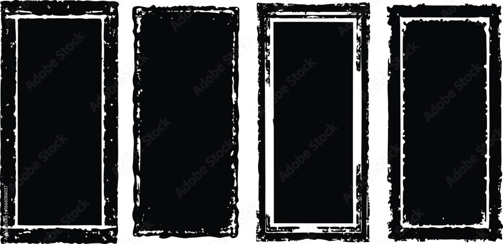 Poster set of four distressed black rectangular frames with rough edges, isolated on white background