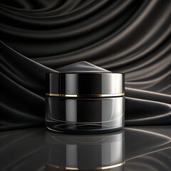 Luxury Black Cosmetic Cream Jar on Dark Silk Background for Branding