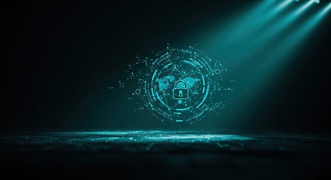 Cybersecurity concept with digital lock protecting global data network, futuristic tech