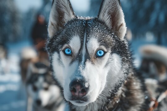 Close-up of siberian husky with blue eyes in snowy winter scenery - Powered by Adobe