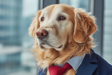 Golden retriever in business suit with red tie looking contemplative indoors