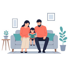 Family sitting on the sofa with one child, reading a book together
