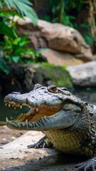 Fototapeta premium A close-up view of a large crocodile with an open mouth, resting on a rock in a lush tropical environment.