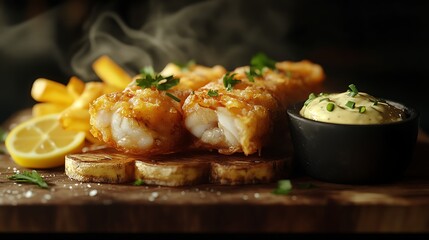 Classic fish and chips served with tartar sauce and lemon wedges