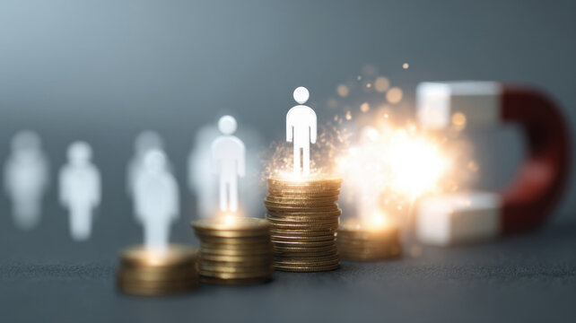 Conceptual depiction of financial growth and attracting talent, with stacks of coins leading to a figure and a magnet in the background