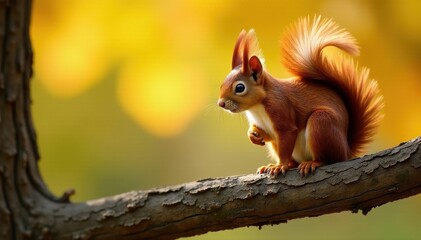 Fototapeta premium Fluffy red squirrel perched on golden oak branch, autumn park , bright, forest, autumn