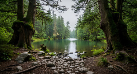 Serene lake surrounded by lush forest, reflecting the tranquil beauty of nature with ancient trees guarding its shores, creating a peaceful and enchanting woodland escape