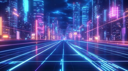 Futuristic cityscape with neon lights and holographic skyscrapers, anime-style rendering with grid street pattern, blue and pink color scheme with empty road leading to buildings