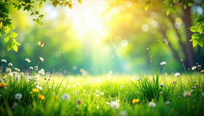 Obraz premium A bright and vibrant springtime scene, with rays of sunlight filtering through lush greenery, illuminating a field of wildflowers