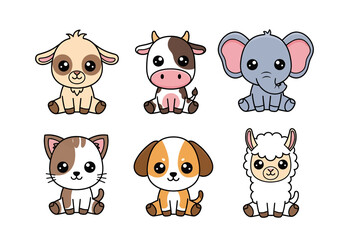set of cute cartoon illustration of animals including goat, cow, elephant, dog, cat, and llama, perfect for children’s books, stickers, toys, farm themes, or educational design projects
