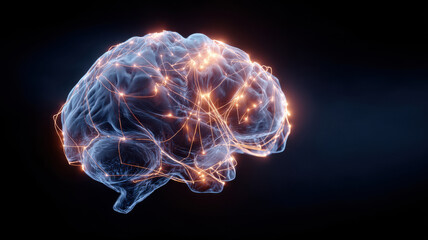 A glowing digital rendering of the human brain with interconnected neural pathways. This image visually represents the complex processes of thought, intelligence, and the power of the mind