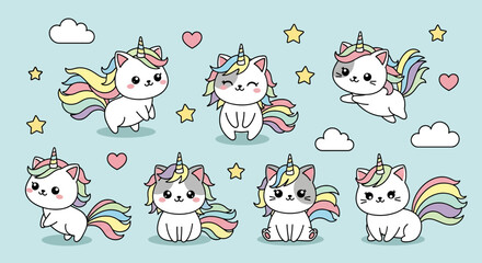Fototapeta premium Cute cartoon illustration of cat unicorn hybrids with rainbow manes, stars, clouds, and hearts, ideal for children’s stickers, stationery, party supplies, or whimsical fantasy designs
