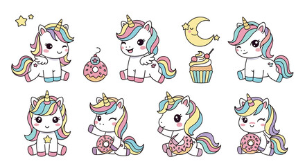 Cute cartoon illustration of unicorn characters with rainbow manes, wings, and sweets like cupcakes, donuts, and ice cream, perfect for children’s products, party decorations, or stationery designs © meeblues