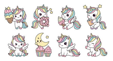 Cute cartoon illustration of unicorn characters with rainbow manes, wings, and sweets like cupcakes, donuts, and ice cream, perfect for children’s products, party decorations, or stationery designs © meeblues