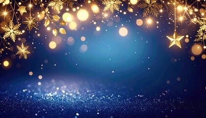 a shimmering blue Christmas background, decorated with glittering lights, sparkling stars and snowflakes. The scene glows with a warm and festive atmosphere