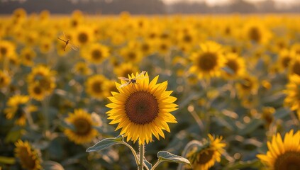Obraz premium A vibrant field of sunflowers in warm sunlight, showcasing the detailed blossoms and dragonfly, a serene rural scene.