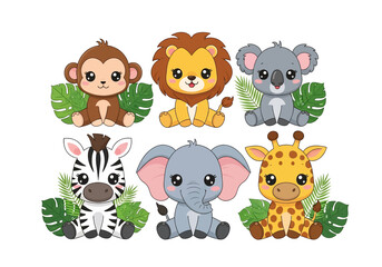 Cute cartoon illustration of safari animals including zebra, elephant, monkey, lion, koala, and giraffe with tropical leaves, perfect for children’s designs, nursery decor, stickers, and educational