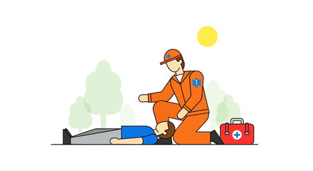 Paramedic in orange uniform attending to a person lying down