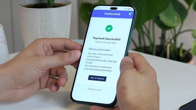 A man's hands finalize a secure online payment on a mobile shopping app, culminating in a successful purchase confirmation. This clip is essential for app usability videos, and content about consumer