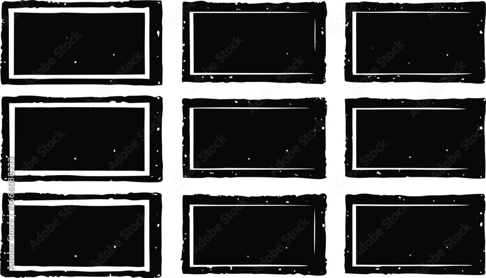 Poster nine grunge black rectangle stamp frames with distressed borders isolated on white background for de