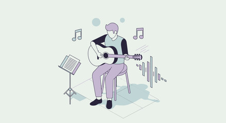 Person playing acoustic guitar with musical notes and sound waves