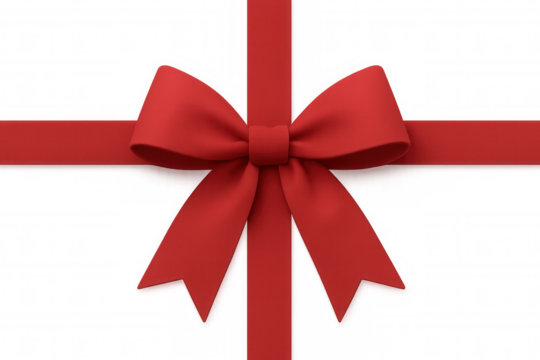 Glossy red ribbon bow floating against transparent backdrop, symbolizing festive elegance and decorative charm