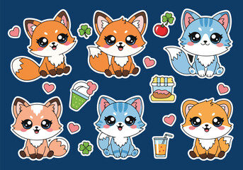 Cute cartoon sticker set of foxes and cats with big eyes, hearts, clovers, and drinks, perfect for children’s designs, stationery, digital stickers, and playful decorative projects