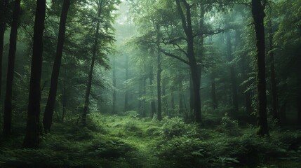 A serene, verdant forest path winds through a dense, misty woodland, bathed in soft, diffused light.